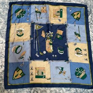 Silk Golf-Themed Square Scarf in Navy, Green & Beige